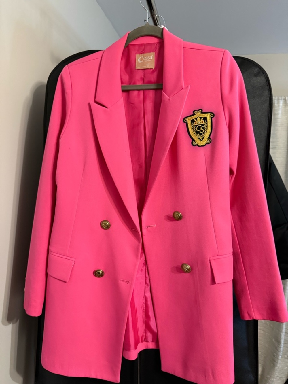 ISSI Hot Pink Double-Breasted Blazer with Gold Crest
